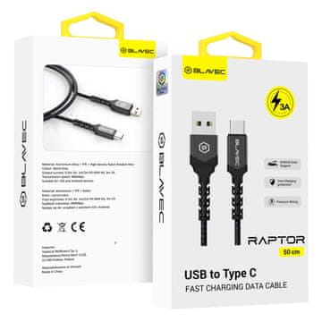 BLAVEC Raptor USB na Type-C 3A pleten kabel 0,5 m Apple CarPlay/Android Auto CRA-UC3BG05 črno-siv