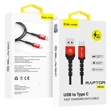 BLAVEC Raptor pleteni kabel USB na tip C PD 66W 6A 1m Apple CarPlay / Android Auto (CRA-UC6BR10) črno-rdeč