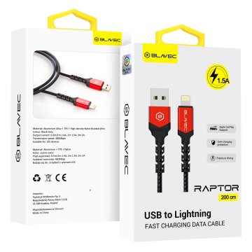 BLAVEC Raptor pleten USB-kabel Lightning 1,5 A 2 metra Apple CarPlay CRA-UL15BR20 črne in rdeče barve