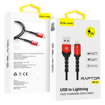 BLAVEC Raptor pleten USB-kabel Lightning 2A 3 m Apple CarPlay CRA-UL2BR30 črne in rdeče barve