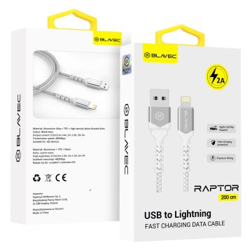 BLAVEC Raptor pleten USB-kabel Lightning 2A 3 metre Apple CarPlay CRA-UL2WS30 bel/srebrn