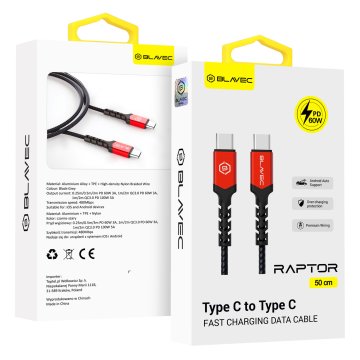 BLAVEC Raptor pleteni kabel tipa C na tip C PD 60W 3A Apple CarPlay/Android Auto (CRA-CC3BR05) črno-rdeč 0,5 m
