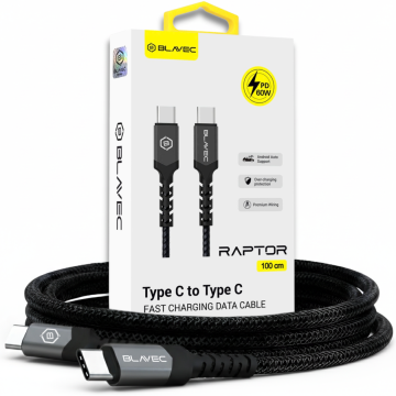 BLAVEC Pleteni kabel Raptor Type-C na Type-C PD 60W 3A 1m Apple CarPlay/Android Auto CRA-CC3BG10 črno-siv