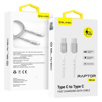 BLAVEC Pleteni kabel Raptor Type-C na Type-C PD 100W 5A 1m Apple CarPlay/Android Auto CRA-CC5WS10 belo-srebrn