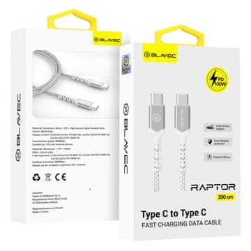 BLAVEC Pleteni kabel Raptor Type-C na Type-C PD 100W 5A 2m Apple CarPlay/Android Auto (CRA-CC5WS20) belo-srebrn