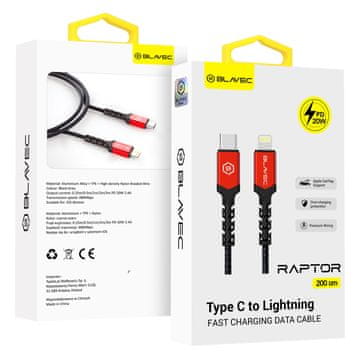 BLAVEC Pleteni kabel Raptor Type-C na Lightning PD 20W 2.4A 2m Apple CarPlay CRA-CL24BR20 črno-rdeč