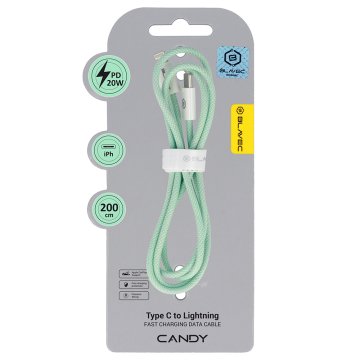 BLAVEC Pleteni kabel Candy USB-C na Lightning PD 20W 2.4A 2 metra Apple CarPlay CCA-CL24GN20 zelen