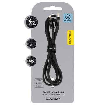 BLAVEC Pleteni kabel Candy tipa C na Lightning PD 20W 2.4A 3 metre Apple CarPlay CCA-CL24B30 črne barve