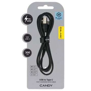 BLAVEC Candy pleten USB-C kabel PD 60W 3A 3m Apple CarPlay/Android Auto CCA-UC3B30 črne barve