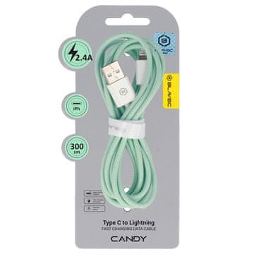 BLAVEC Candy pleten kabel USB na Lightning 2.4A 3m Apple CarPlay CCA-UL24GN30 zelen