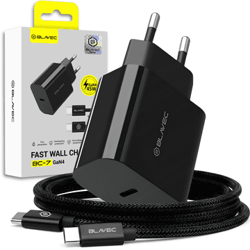 BLAVEC BC-7 GaN4 Type C PD QC 45W 3A stenski polnilnik s kablom Type-C na Type-C (TCBC7G4-CB453A+CC) črne barve