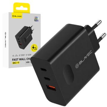 BLAVEC BC-11 GaN USB + 2x Type-C QC PD 65W 3A TCBC11G-U2CB653A črn stenski polnilnik
