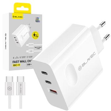 BLAVEC BC-11 GaN USB + 2x Type-C QC PD 65W 3A stenski polnilnik s kablom C na C (TCBC11G-U2CW653A) bel