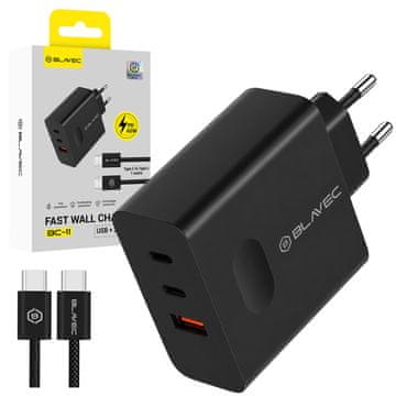 BLAVEC BC-11 GaN USB + 2x Type-C QC PD 65W 3A stenski polnilnik s CC kablom TCBC11G-U2CB653A črne barve