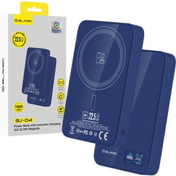 BLAVEC Powerbank BJ-04 Slim 10000 mAh 13,5 mm USB Type-C 22,5 W magnetno-induktivna MagSafe 3 v 1 PBBJ04-MC10N temno modra steklena