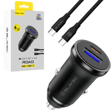 BLAVEC BS-01B-C cestni USB + Type-C QC 3.0 18W PD 20W avtomobilski polnilnik s kablom Type-C na Type-C CCBS01BCR-UCB črne barve