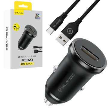 BLAVEC BS-01A-C Road USB QC 3.0 18W avtomobilski polnilnik s kablom USB na Type-C CCBS01ACR-UB črne barve