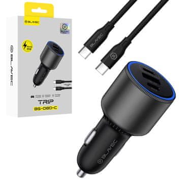 BLAVEC Trip BS-06D-C USB + 2x Type-C QC 3.0 95W avtomobilski polnilnik s priključnim kablom CCBS06DCQ-U2CB črne barve
