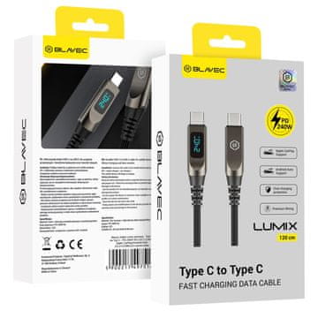 BLAVEC Pleteni kabel USB tipa C na tip C Lumix PD 240W 5A LED zaslon 1,2 m Apple CarPlay/Android Auto CLU-CC5BG12 črno-siv