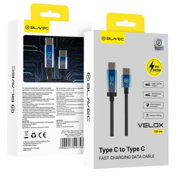 BLAVEC Velox pleten kabel tipa C na tip C PD 240W 5A LED zaslon 1,2 m Apple CarPlay/Android Auto črne barve CVE-CC5B12