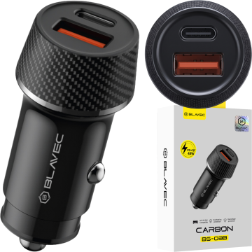 BLAVEC BS-03B karbonski avtomobilski polnilnik USB + tip C QC 3.0 48W CCBS03BC-UCB črne barve
