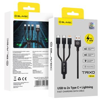 BLAVEC Trixo pleteni kabel USB na 2x Type-C + Lightning QC 18W PD 60W 3A 1,3 m CTR-U2CL3B13 črne barve