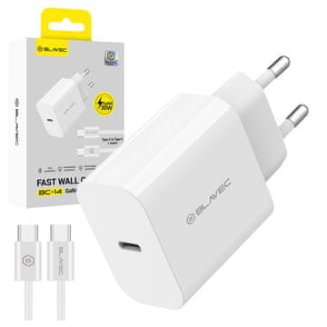 BLAVEC BC-14 GaN4 Type C PD QC 30W 3A stenski polnilnik s kablom Type-C na Type-C (TCBC14G4-CW303A+CC) bel