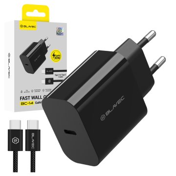 BLAVEC BC-14 GaN4 Type C PD QC 30W 3A stenski polnilnik s kablom Type-C do Type-C TCBC14G4-CB303A+CC črne barve