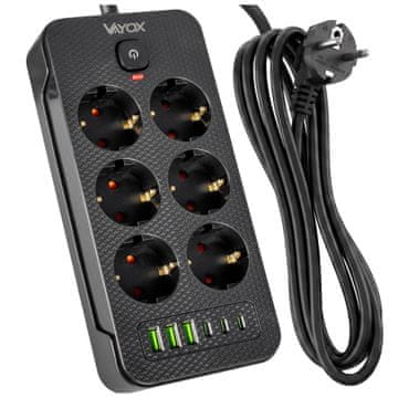 Vayox VA0465B-2 podaljšek 6 vtičnic 10A 3x USB-A 3x USB-C 2.1A stikalo 2m črne barve