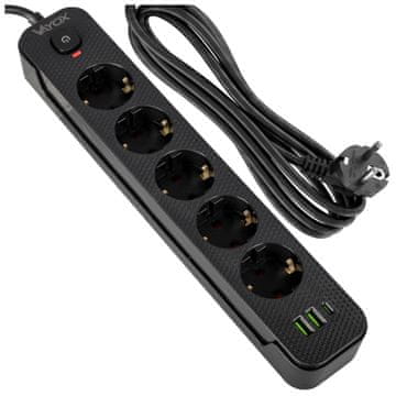 Vayox VA0466B-3 podaljšek 5 vtičnic 10A 2x USB-A 1x USB-C 1A stikalo 3m črne barve