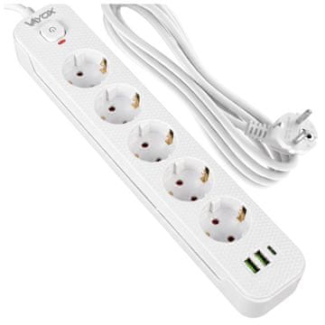 Vayox VA0466W-1.5 Podaljšek 5 vtičnic 10A 2x USB-A 1x USB-C 1A s stikalom 1,5 m bel