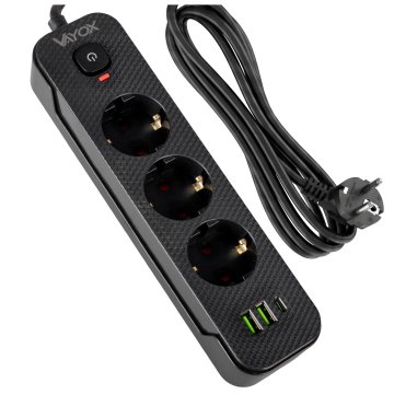 Vayox VA0467B-3 podaljšek 3 vtičnice 10A 2x USB-A 1x USB-C 1A stikalo 3m črne barve