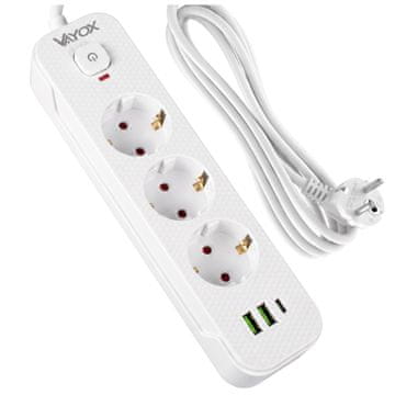 Vayox VA0467W-3 podaljšek 3 vtičnice 10A 2x USB-A 1x USB-C 1A s stikalom 3m bel