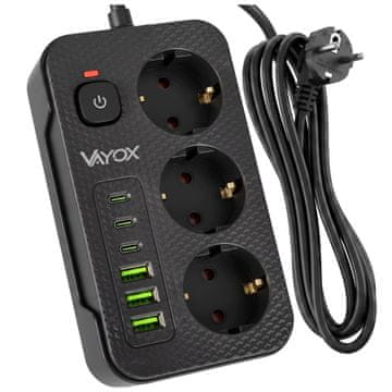 Vayox VA0468B-2 podaljšek 3 vtičnice 10A 3x USB-A 3x USB-C 2.1A stikalo 2m črne barve