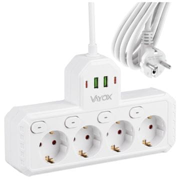 Vayox VA0469W-2 podaljšek s 4 vtičnicami 10A s stikali 2x USB-A 2x USB-C 2.1A 2 m bel