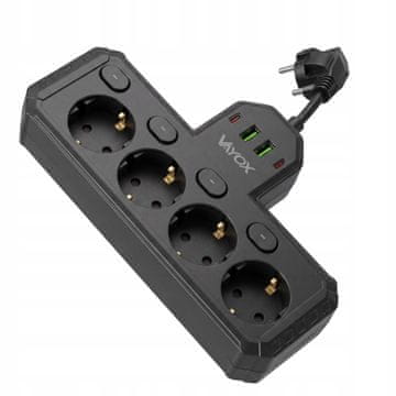 Vayox VA0470B Podaljšek s 4 vtičnicami 10A s stikali 2x USB-A 2x USB-C 2.1A 0.2 m črne barve