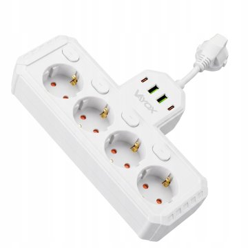 Vayox VA0470W Podaljšek s 4 vtičnicami 10A s stikali 2x USB-A 2x USB-C 2.1A 0.2 m bel
