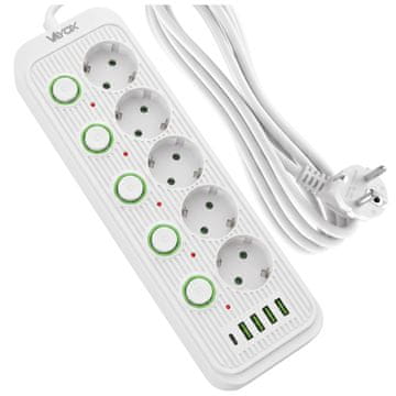 Vayox VA0473W-3 Podaljšek 5 vtičnic 10A s stikali 4x USB-A 1x USB-C 2.1A 3 m bel