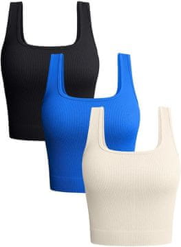 Set 3 kom ženskih športnih topov crop top brez šivov črna modra bež velikost S 90% najlon, 10% spandex rebrast pas pod prsmi okrogel izrez dihljivi odvaja vlago elastični za jogo fitnes