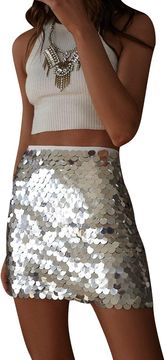 Ženska mini krilo s bleščicami srebrno M, prilegajoče bodycon krilo z visokim pasom, elastično, 95% poliester 5% elastan, party krilo za zabavo, festival, klub, zmenek