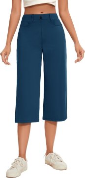 Ženske capri hlače 3/4 culotte za fitnes, jogo in tek, elastične, prezračne, z 4 žepi, elastičnim pasom z notranjo vrvico in zankami za pas, 79,3 % poliester 20,7 % elastan, temno modre, velikost M