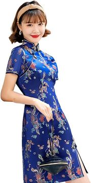 Koktajlska obleka Qipao Cheongsam Tradicionalna Kitajska Mini Bodycon Modra s cvetličnim vzorcem zmaja Mandarin ovratnik Kratek rokav Stranski razcepi Elastičen poliester Ženska 36 EU