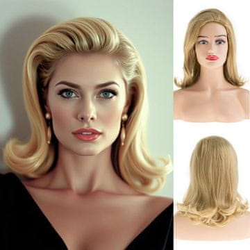 Ženska sintetična paruka retro vintage valovita rumena blond srednja dolžina 57 cm, nastavljivi trakovi, mehka elastična kapica, odporna na toploto, za noč čarovnic, zabave, koncerte, poroke