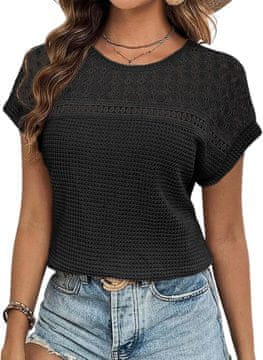 Ženska bluza Poletna črna s čipkastimi vstavki, kratek rokav cap sleeve, ohlapen relaxed fit, okrogel izrez crew neck, lahka tkanina tipa vaflja za vsakodnevne in elegantne kombinacije, velikost M