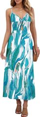 Poletna ženska maxi obleka boho V-neck z žepi in okrasnim vozlom, prilagodljivimi naramnicami, elastična prepustna tkanina, regular fit, casual elegantni stil, belo-modra, velikost L