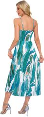 Poletna ženska maxi obleka boho V-neck z žepi in okrasnim vozlom, prilagodljivimi naramnicami, elastična prepustna tkanina, regular fit, casual elegantni stil, belo-modra, velikost L