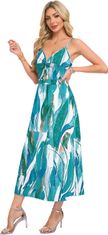 Poletna ženska maxi obleka boho V-neck z žepi in okrasnim vozlom, prilagodljivimi naramnicami, elastična prepustna tkanina, regular fit, casual elegantni stil, belo-modra, velikost L