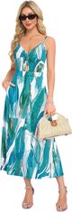 Poletna ženska maxi obleka boho V-neck z žepi in okrasnim vozlom, prilagodljivimi naramnicami, elastična prepustna tkanina, regular fit, casual elegantni stil, belo-modra, velikost L