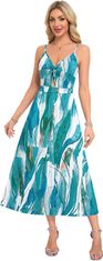 Poletna ženska maxi obleka boho V-neck z žepi in okrasnim vozlom, prilagodljivimi naramnicami, elastična prepustna tkanina, regular fit, casual elegantni stil, belo-modra, velikost L
