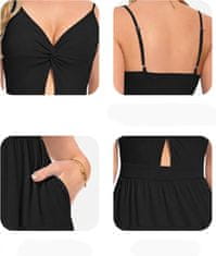 Poletna ženska maxi obleka boho V-neck z žepi in okrasnim vozlom, prilagodljivimi naramnicami, elastična prepustna tkanina, regular fit, casual elegantni stil, belo-modra, velikost L